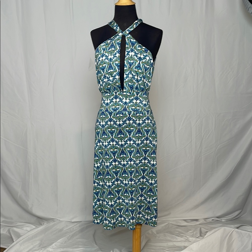 Elegant Blue Patterned Halter Dress